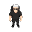 white man, black outfit, sunglasses, black backpack, sprite