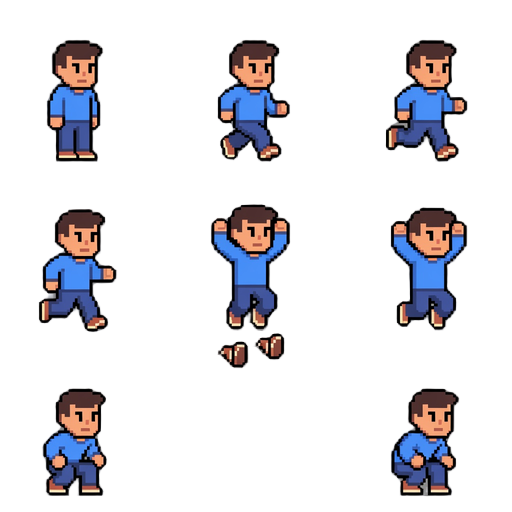 crie sprite simples em pixel arte para um jogo, com toda a movimentação de andar, correr, pular e agachar