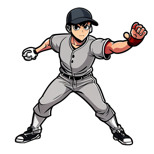 baseball pitcher from front, facing camera, wearing grey undershirt, anime cartoon style, thick black outlines, vibrant colors, flat shading, full body, 512x51, baseball pitcher from front, throwing pose, arm extended forward, pose anime cartoon style, th
