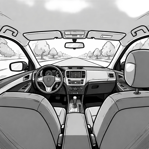 轎車內，由乘客座向前方駕駛座看過去的角度，可以看到一些窗外風景，彩色的