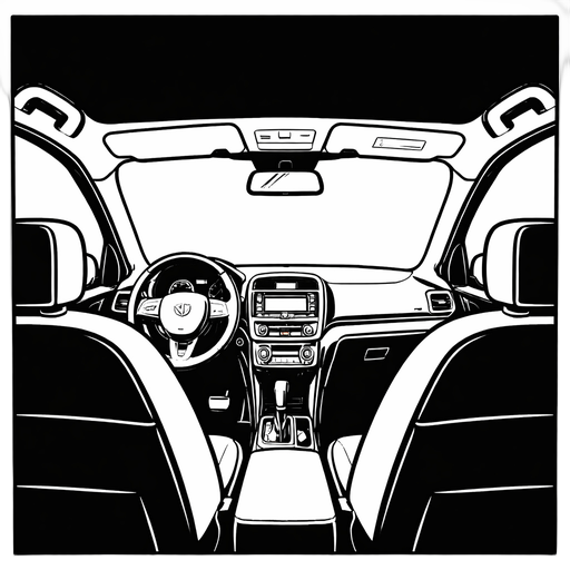 轎車內，由乘客座向前方駕駛座看過去的角度，可以看到一些窗外風景