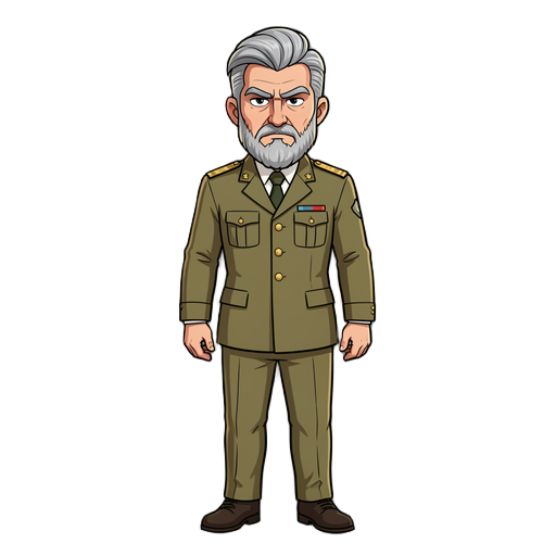 facial features and build age and dignity: a man in his late fifties or sixties, exuding a blend of prestige and sternness born of extensive experience, perhaps military or leadership. hair and beard: he has thick, silvery hair (completely gray), styled u