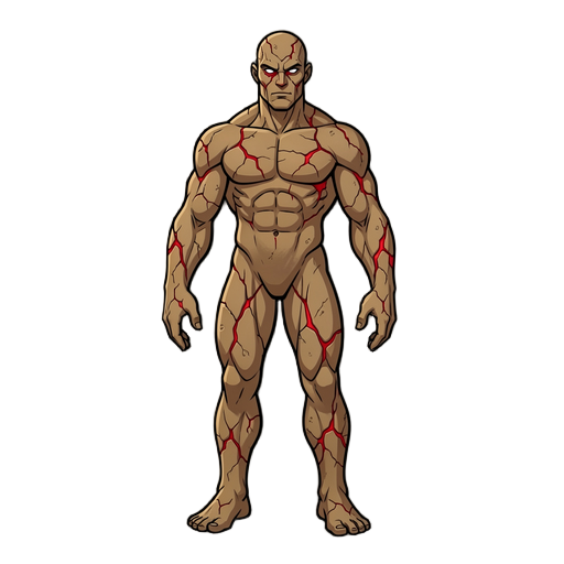 a muscular, slim and fit humanoid, made of dry dirt and stone. its skin is crackled and a red liquid can be percieved inside these cracks