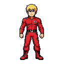 2d pixel fighter. cool dude, blonde hair, red outfit 