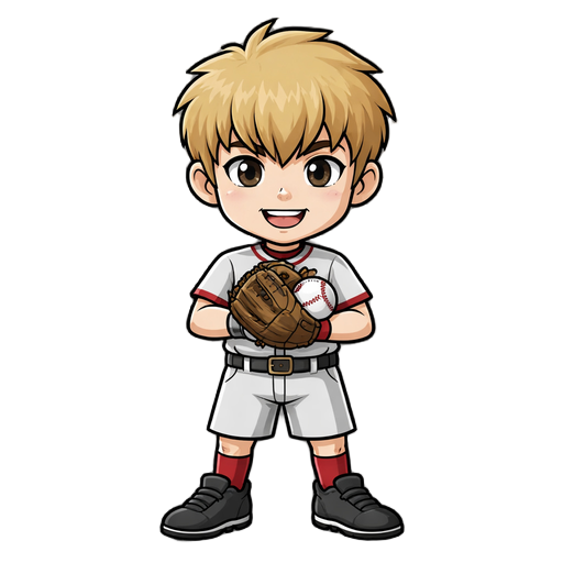 chibi pitcher side profile, baseball heroes style, holding glove with ball at chest, grinning, grey jersey, red accents, based on image_7.png, 512x512, transparent background