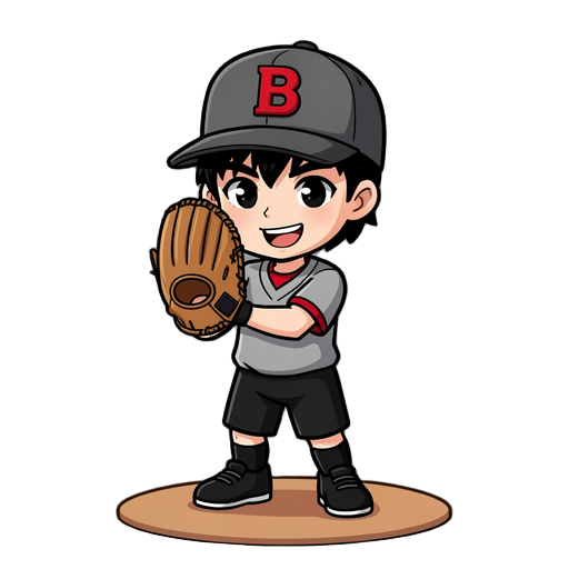 chibi anime baseball pitcher from left profile, based on image_6.png, holding glove to face, set stance, smiling, black hair, charcoal grey cap with red 'b', grey jersey with red undershirt, black pants, thick outlines, vibrant, on mound, transparent back