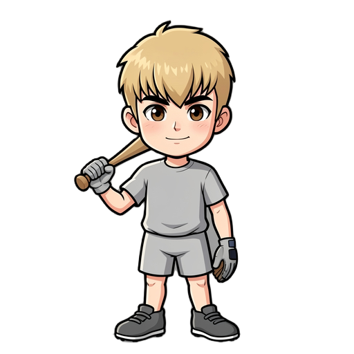 baseball batter from front, facing camera, looking at viewer, wearing only neutral grey undershirt and shorts, no hat, no logo, simple blank uniform, anime cartoon style, thick black outlines, vibrant colors, full body, based on this reference image, 512x