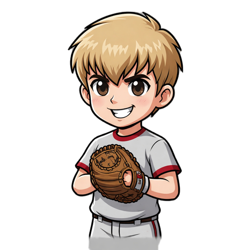 chibi pitcher side profile, baseball heroes style, holding glove with ball at chest, grinning, grey jersey, red accents, based on image_7.png, 512x512, transparent background