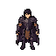 quero um personagem com cabelo preto uma armadura e os braços mais livres alem disso quero que seja uma armadura mais escura com uma capa meio roxa e marrom a capa escura tbm