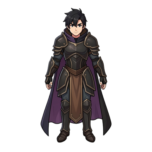 quero um personagem com cabelo preto uma armadura e os braços mais livres alem disso quero que seja uma armadura mais escura com uma capa meio roxa e marrom a capa escura tbm