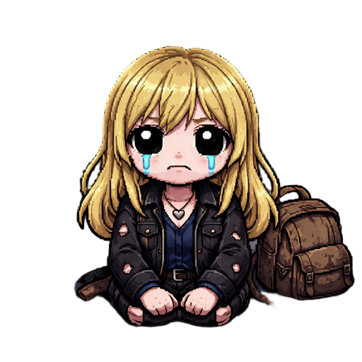 a thoughtful 17-year-old blonde girl with piercing black eyes rests in a gritty, magical urban alley at dusk. she wears a torn black denim jacket over a dark blue dress shirt, with bandages peeking out. a worn backpack rests beside her. a simple heart-sha