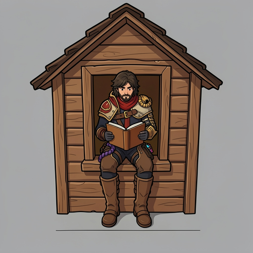 a person sitting on the windowsill of a wooden house, reading a book