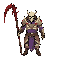 mysterious warlock, se view. skull helmet with red gem, bone plate armor over purple tunic. wielding bloody bone scythe staff with green aura.