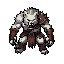 feral werewolf warrior with white fur and gray tones, muscular and hunched body, glowing red eyes, sharp fangs visible in an aggressive snarl, beast-like face with pointed ears, wearing worn brown leather armor with a shoulder guard on one side, arms wrap