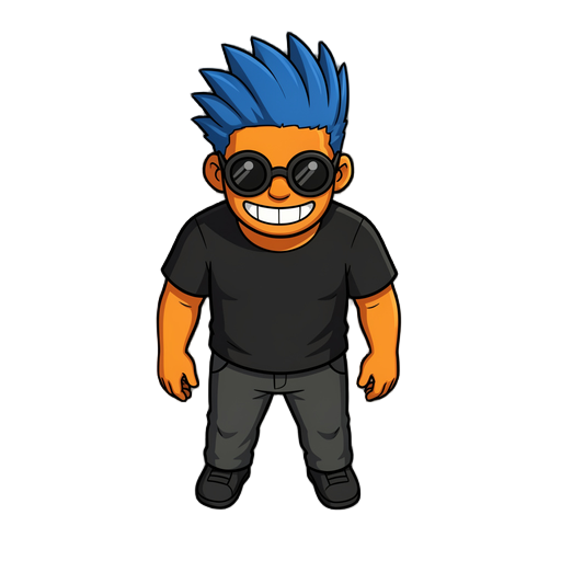 create a 2d sprite character for a side-scrolling game in godot 4, inspired by the cinematic rotoscoped style of heart of darkness and another world.  base the character on the reference image: orange skin, spiky blue hair, black round sunglasses, wide gr