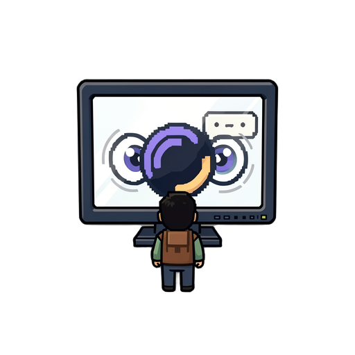 the little figure looks at the screen and the person's eyes move synchronously with those in the screen, as if they were looking at a mirror.