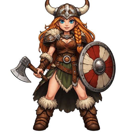 uma guerreira viking com tracos e vestes de vikigs com um machadinho e um esculdo viking