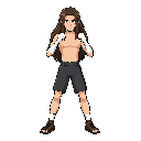 a long-haired slender guy with a bare torso in a fighting stance and boxing bandages on 