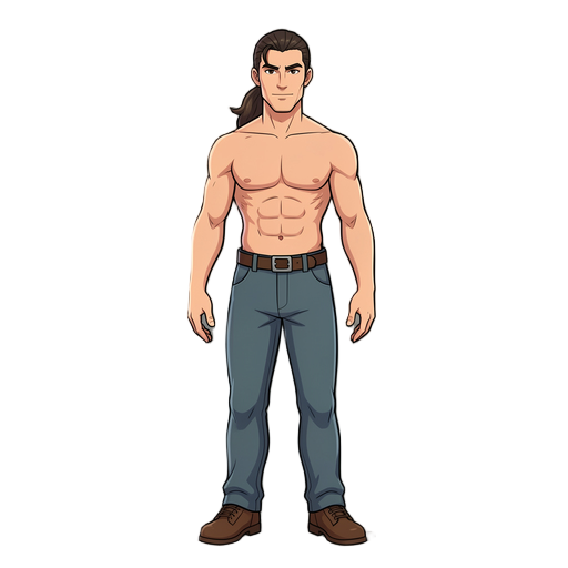 a handsome guy with long hair pulled back in a ponytail and a bare torso