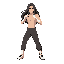 a long-haired slender guy with a bare torso in a fighting stance and boxing bandages on 