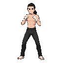 a slender guy in black jeans with long black hair pulled back in a ponytail with a bare torso in a fighting stance and boxing bandages on his hands