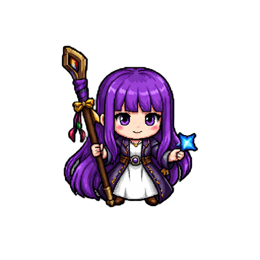 a female mage with long purple hair swings her staff.