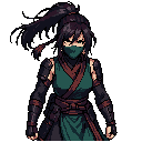 female ninja, lean athletic build. long dark purple-black hair tied in a high ponytail that flows behind her. lower half of    face covered by a dark teal/green face mask. sharp intense eyes with a cold focused expression visible above the mask.          
