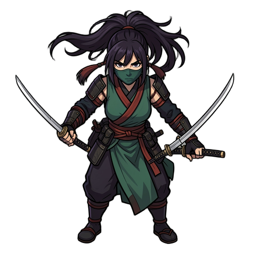 female shadow assassin, wielding 2 katanats, feudal japan