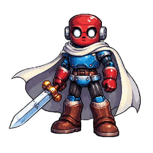cria um robô com cabeça vermelha com olhos barnco e preto com corpo azul e mãos vermelho e botas marrom ele tem uma capa branca e uma espada na mão cria com uma pixel arte bonita com detalhes no persongem 