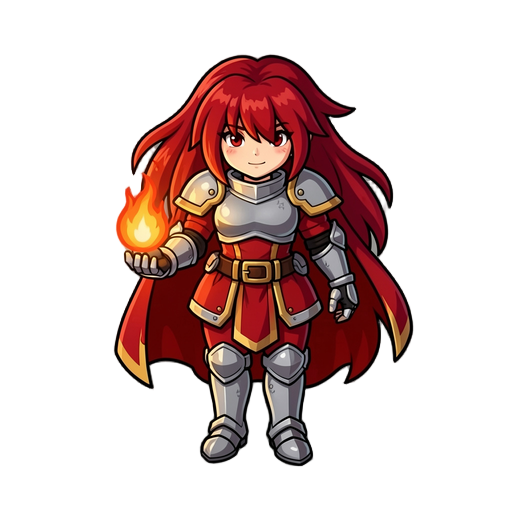 female imperial warrior queen, long vivid crimson-red hair, silver crusader armor, red cape, red armored skirt, small magical flame in left hand
