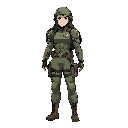 character sprite, soldier, female, agent, long hair, armor, side view, standing, anime, stylized, american