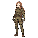 character sprite, soldier, female, agent, long hair, armor, side view, standing, anime, stylized, sand