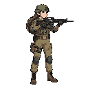 character sprite, soldier, female, agent, long hair, armor, side view, standing, anime, stylized, american, modular, holding weapon, aiming right
