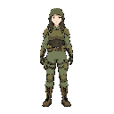 character sprite, soldier, female, agent, long hair, armor, side view, standing, anime, stylized, sand, simplistic