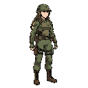 character sprite, soldier, female, agent, long hair, armor, side view, standing, anime, stylized, american