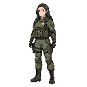 character sprite, soldier, female, agent, long hair, armor, side view, standing, anime, stylized, american, modular