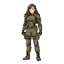 character sprite, soldier, female, agent, long hair, armor, side view, standing, anime, stylized, sandstorm, american