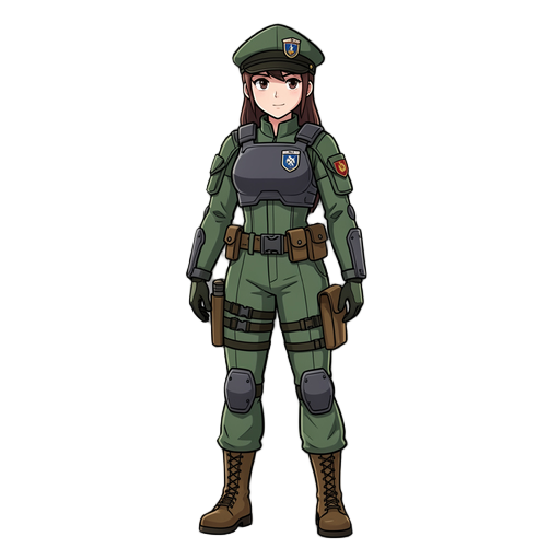 character sprite, soldier, female, agent, cap, armor, side view, standing, anime, stylized