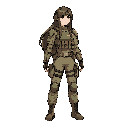 character sprite, soldier, female, agent, long hair, armor, side view, standing, anime, stylized, sandstorm, american