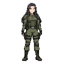 character sprite, soldier, female, agent, long hair, armor, side view, standing, anime, stylized, american