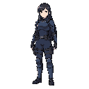 character sprite, soldier, female, agent, long hair, armor, side view, standing, anime, stylized, navy