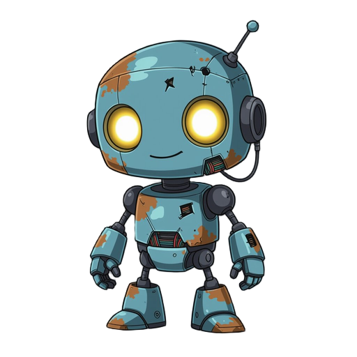 a small cute futuristic robot character, slightly chibi style, designed for a 2d game sprite. the robot has rounded shapes, big expressive glowing eyes, and a friendly appearance. however, it is abandoned and worn out: scratched metal, rust patches, faded
