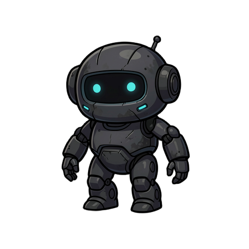 a small to medium-sized futuristic robot character designed for a 2d game sprite. the robot has a compact, slightly rounded body, but its design is now heavily dark and atmospheric. it still carries a subtle naive and slow personality through its posture: