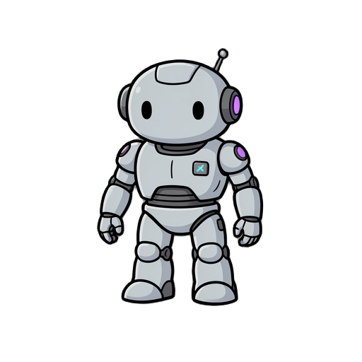 a small to medium-sized futuristic robot character designed for a 2d game sprite. the robot has a simple, slightly rounded design that gives it a subtle innocent and clumsy personality, but not overly cute. its posture is a bit awkward, slightly slouched,