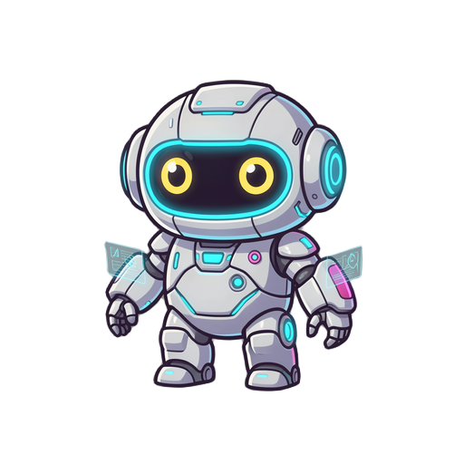 a small cute futuristic robot character, designed for a 2d game sprite. the robot has a sleek high-tech design with smooth panels, glowing neon accents, and advanced details like holographic elements and subtle energy cores. its shape is rounded and frien