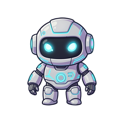 a small cute futuristic robot character, designed for a 2d game sprite. the robot has a sleek high-tech design with smooth panels, glowing neon accents, and advanced details like holographic elements and subtle energy cores. its shape is rounded and frien