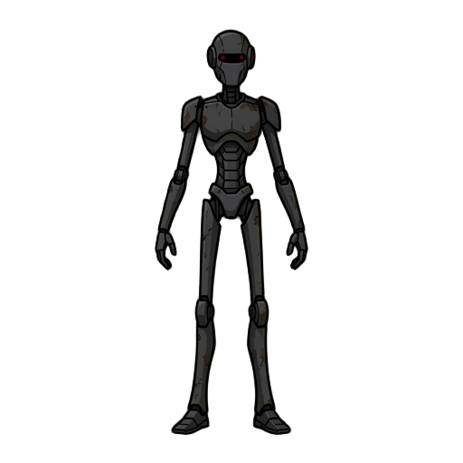 a medium-sized futuristic robot character designed for a 2d game sprite. the robot has a tall, slim, and slightly elongated body, with long thin limbs and a narrow torso. its silhouette is sharp and unbalanced, avoiding any rounded or bulky shapes.  the d