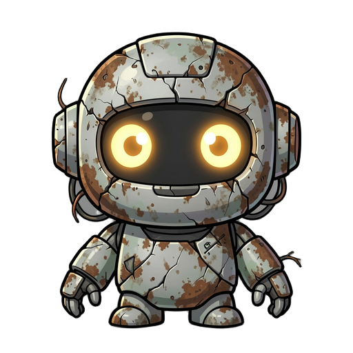 a small cute futuristic robot character, slightly chibi style, designed for a 2d game sprite. the robot has rounded shapes, big expressive glowing eyes, and a friendly appearance. however, it is abandoned and worn out: scratched metal, rust patches, faded