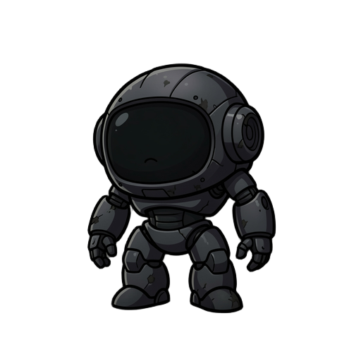 a small to medium-sized futuristic robot character designed for a 2d game sprite. the robot has a compact, slightly rounded body, but its design is now heavily dark and atmospheric. it still carries a subtle naive and slow personality through its posture: