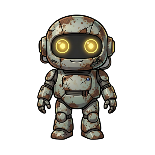 a small cute futuristic robot character, slightly chibi style, designed for a 2d game sprite. the robot has rounded shapes, big expressive glowing eyes, and a friendly appearance. however, it is abandoned and worn out: scratched metal, rust patches, faded